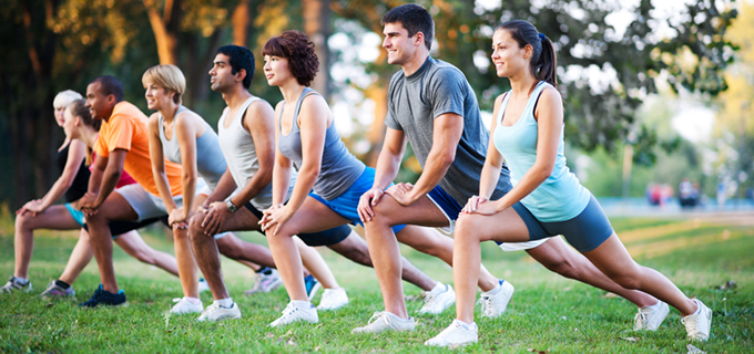 A group stretch in a park
